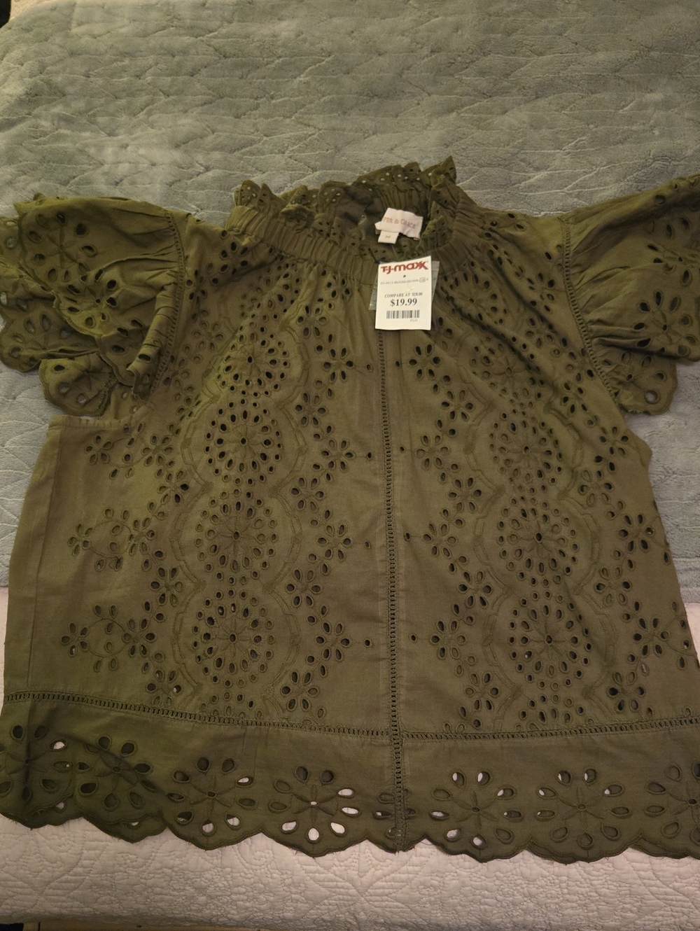 Olive Eyelet Off-Shoulder Blouse with Scalloped Hem